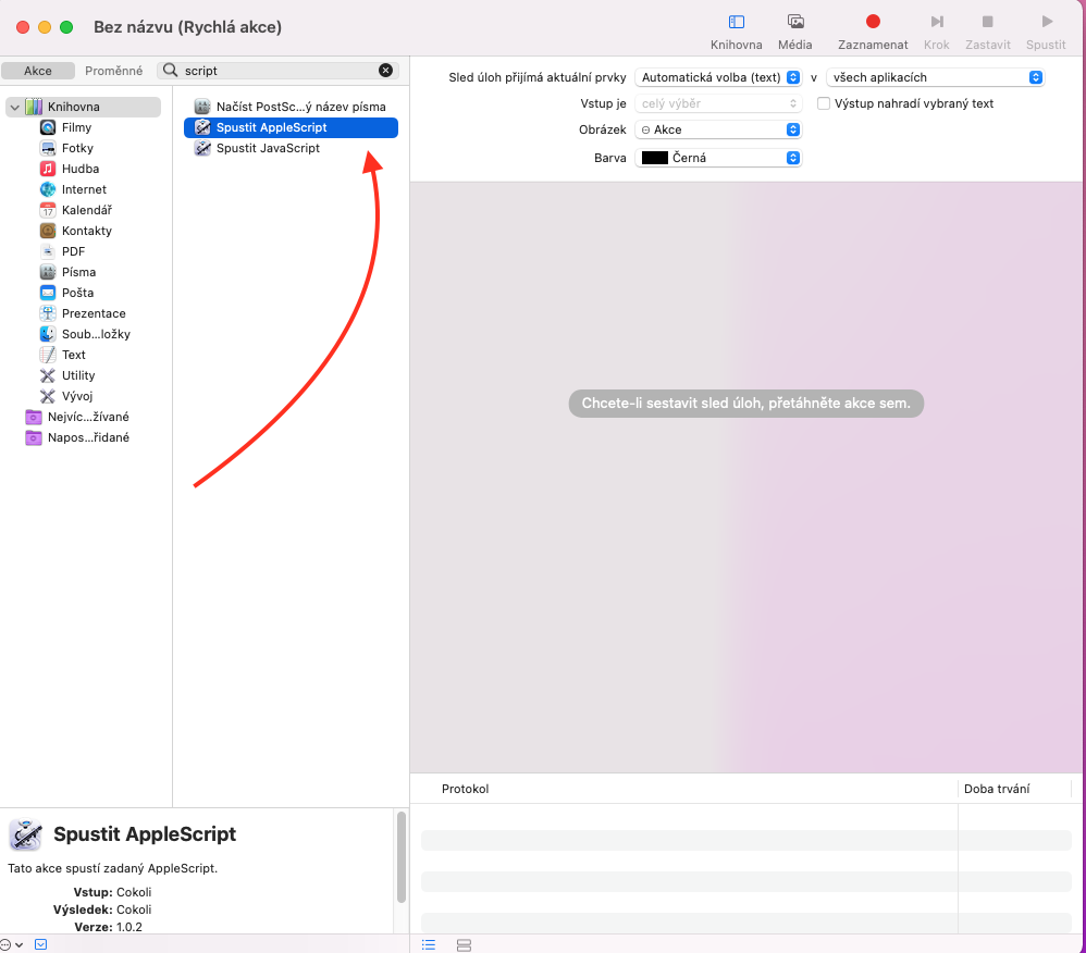 Takhle spustíš AppleScript v aplikaci Automator. 