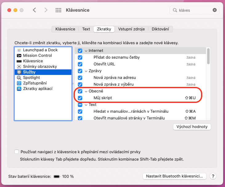 Takhle nastavíš klávesovou zkratku pro vytvořený script.