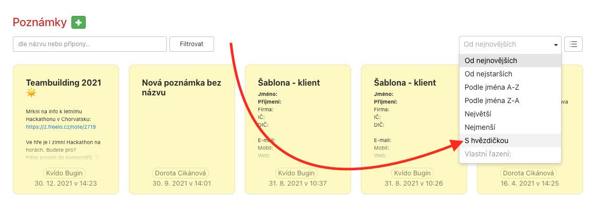 Zobrazení filtru S hvězdičkou