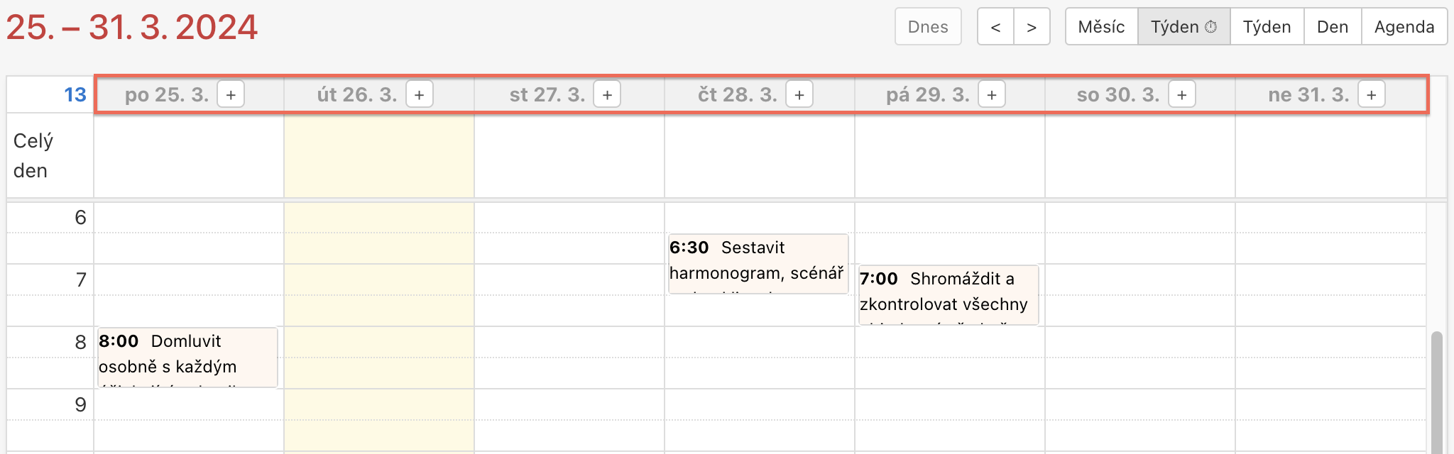 Ukázka jak přidat nový úkol v Kalendáři přes tlačítko + v týdenním pohledu.