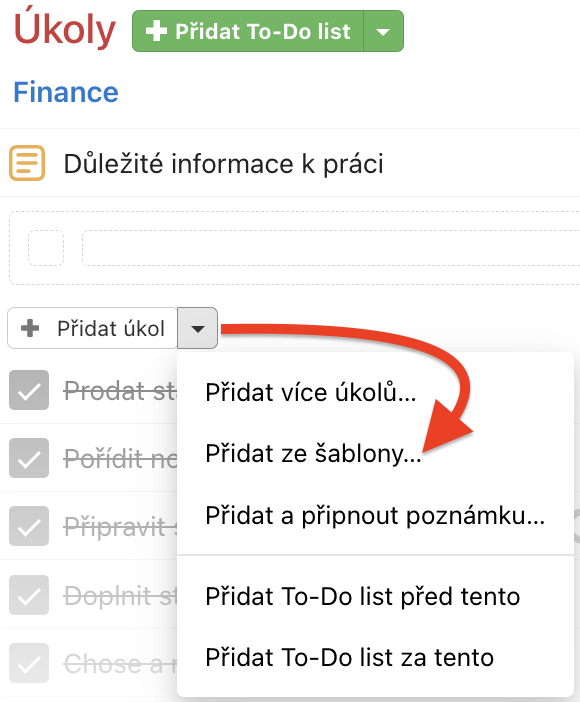 Jak přidat úkoly hromadně ze šablony projektu.