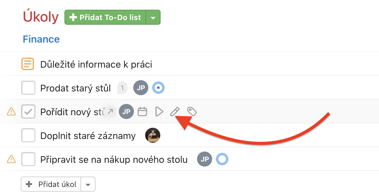 Ukázka jak upravit úkol přes ikonu tužky.