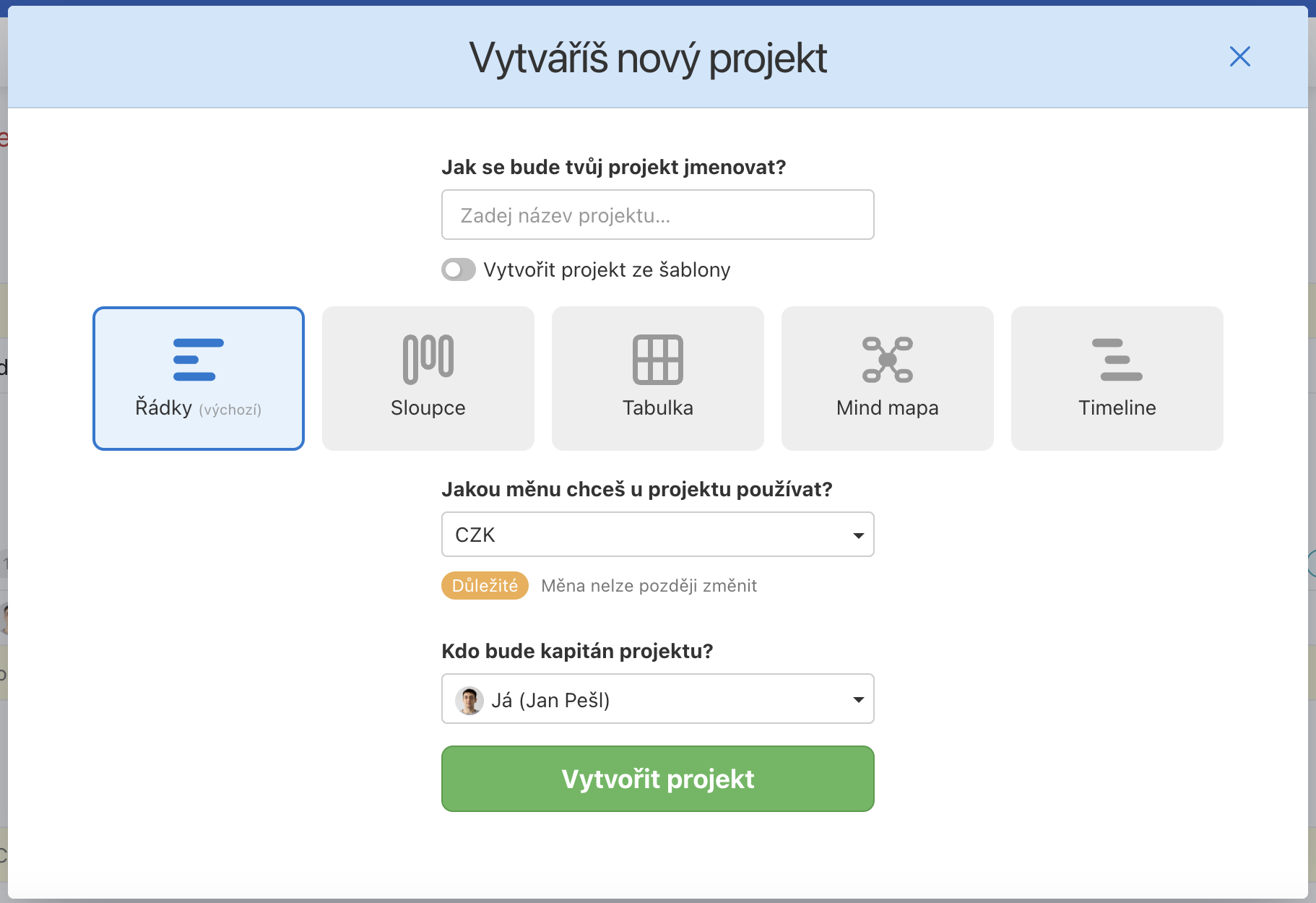 Formulář pro vytvoření nového projektu ve Freelu.