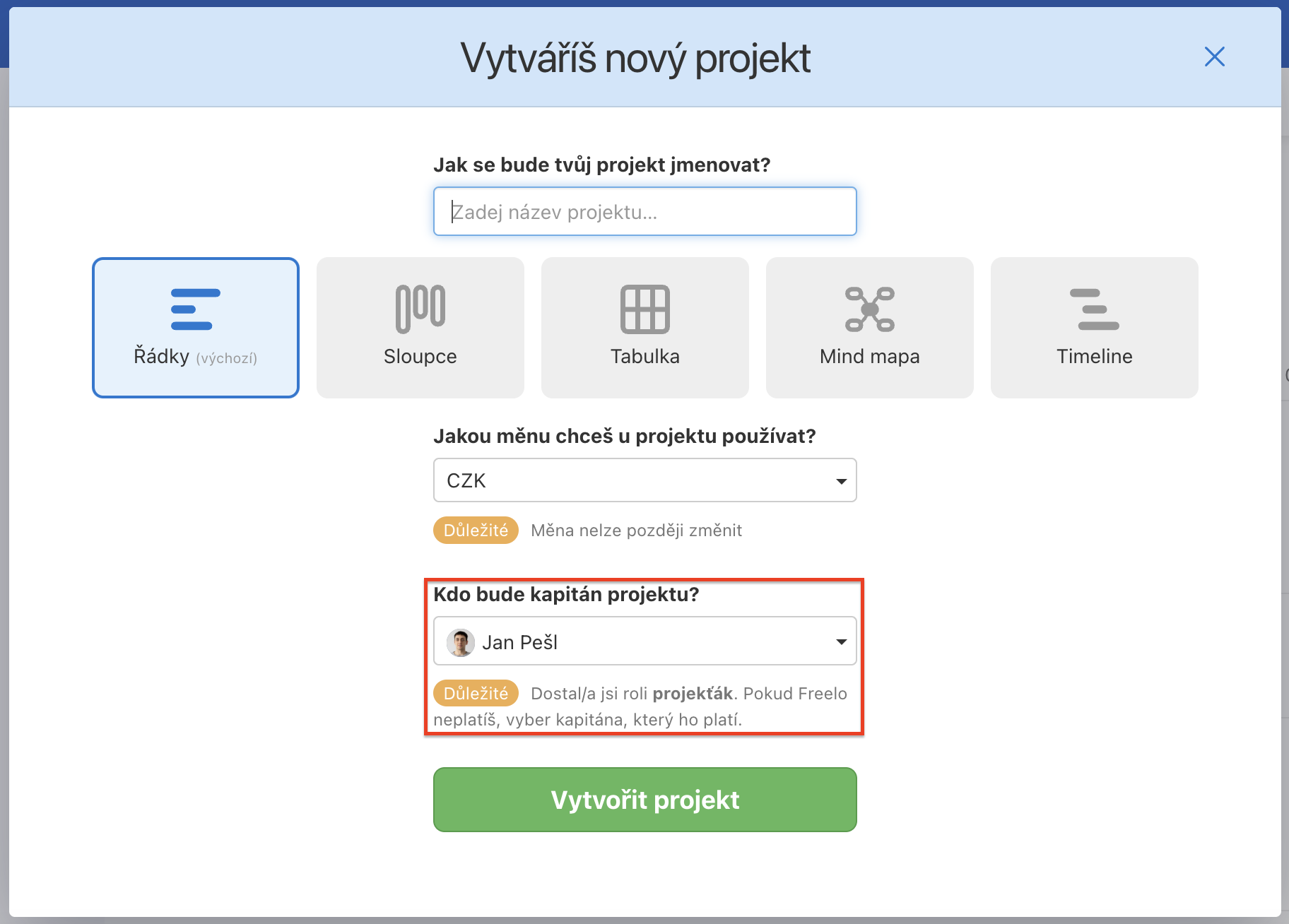 Vyberte správného kapitána projektu.