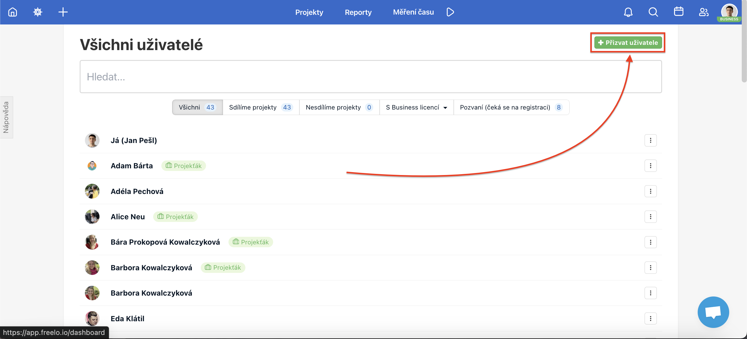 Nové uživatele můžeš do Freela přizvat i přes toto zelené tlačítko.