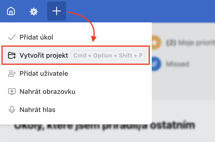 Jak vytvořit nový projekt přes ikonu plus.