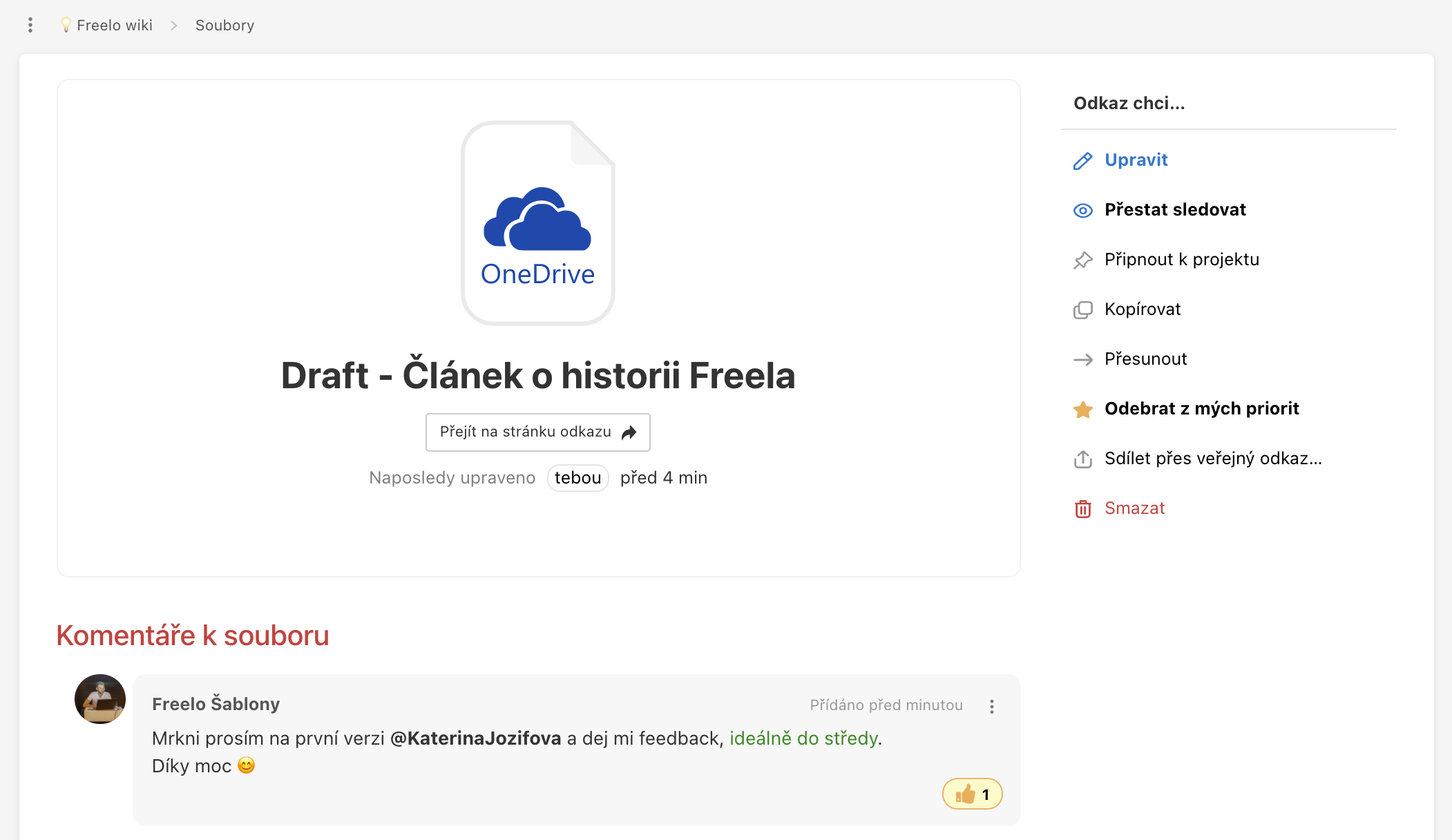 Ukázka detailu odkazu na soubor s komentářem z úložiště OneDrive.