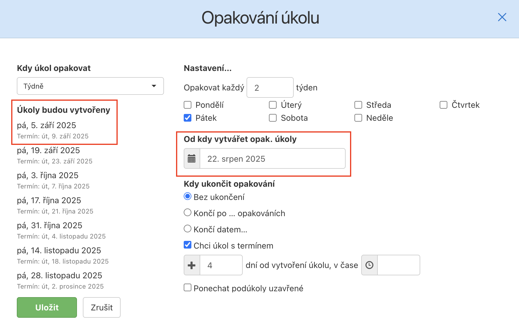 Opakovaný úkol B se bude vytvářet od 5. srpna.