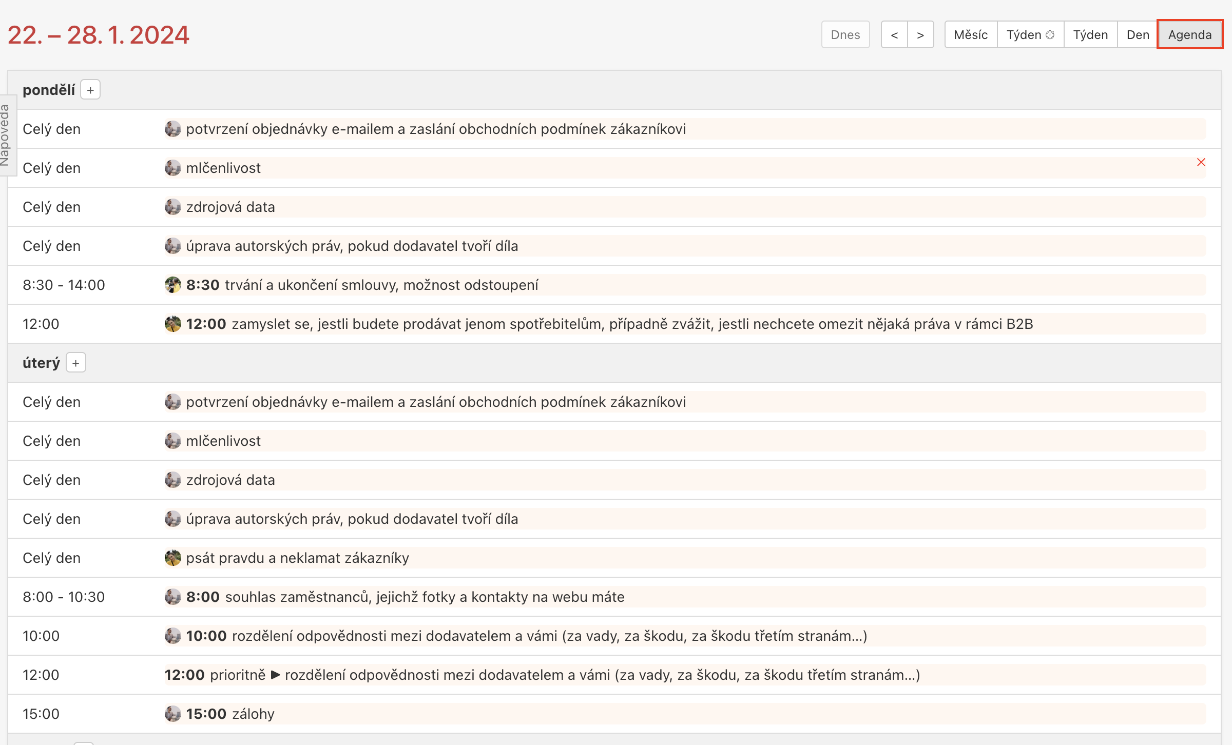 Ukázka kalendáře jako agendy.