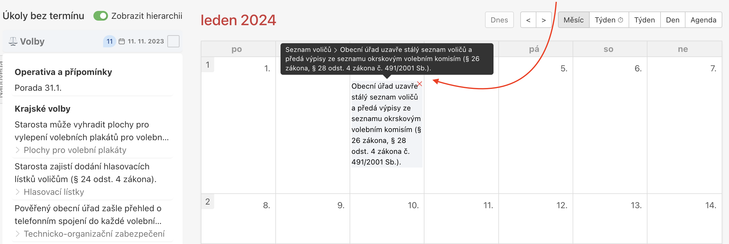 Podúkol v kalendáří patří k úkolu Seznam voličů.