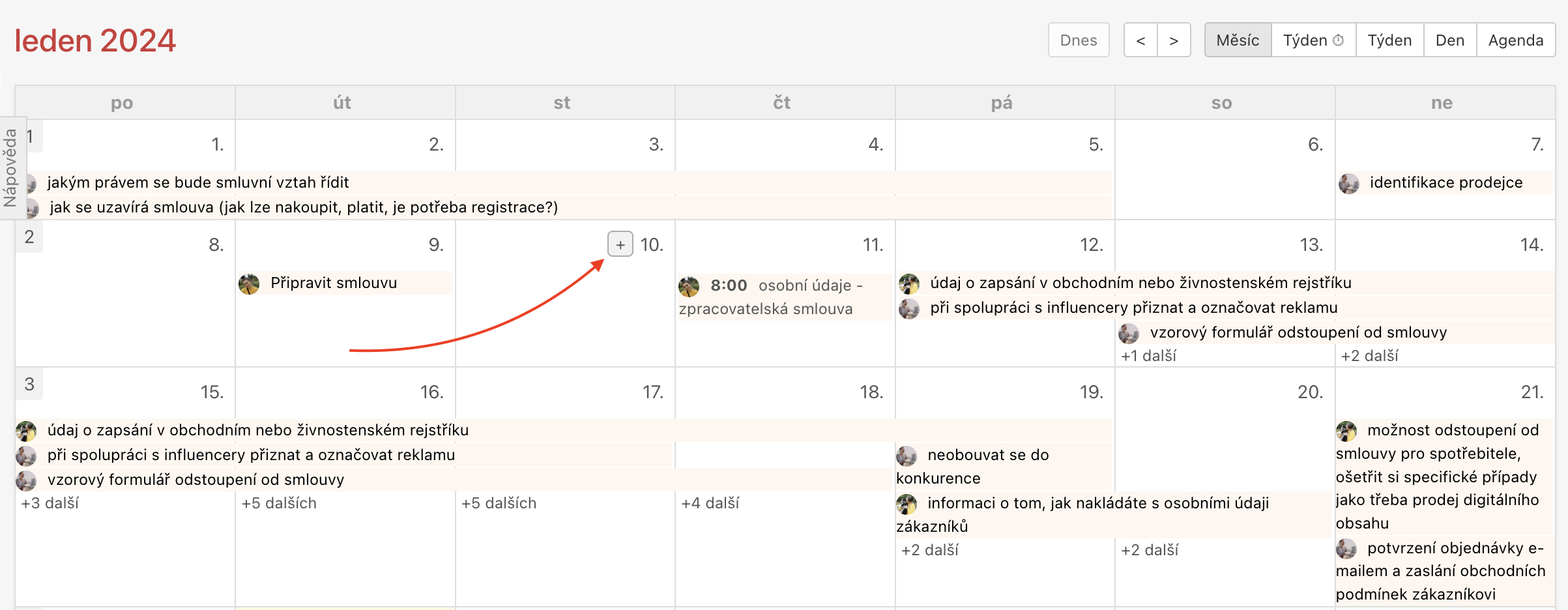 Ukázka jak přidat nový úkol v Kalendáři přes tlačítko + v měsíčním pohledu.