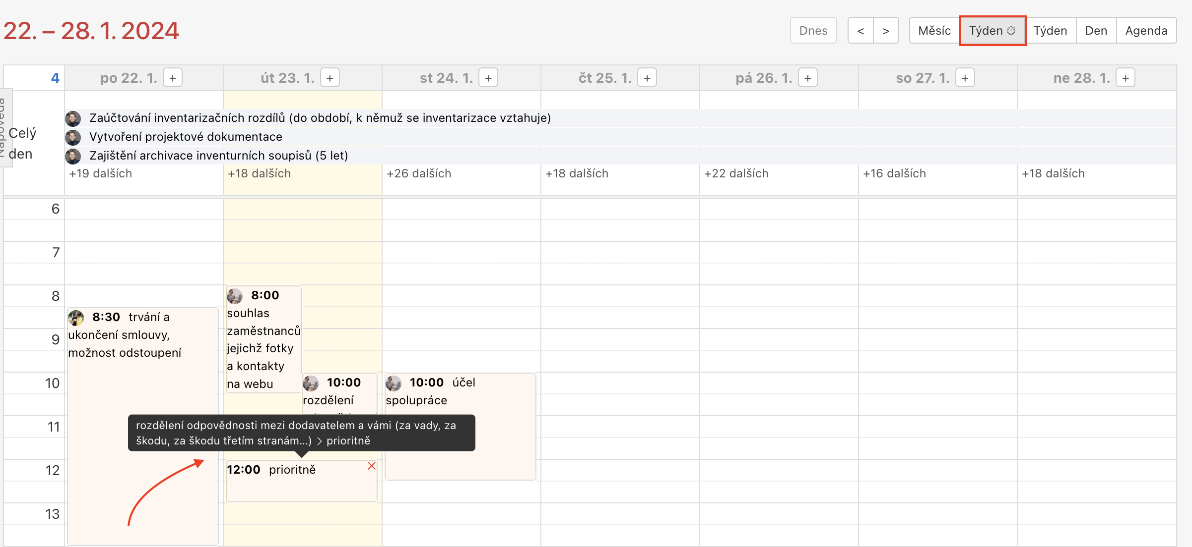 Ukázka týdenního pohledu kalendáře. U podúkolů se zobrazuje tooltip s nadřazeným úkolem.