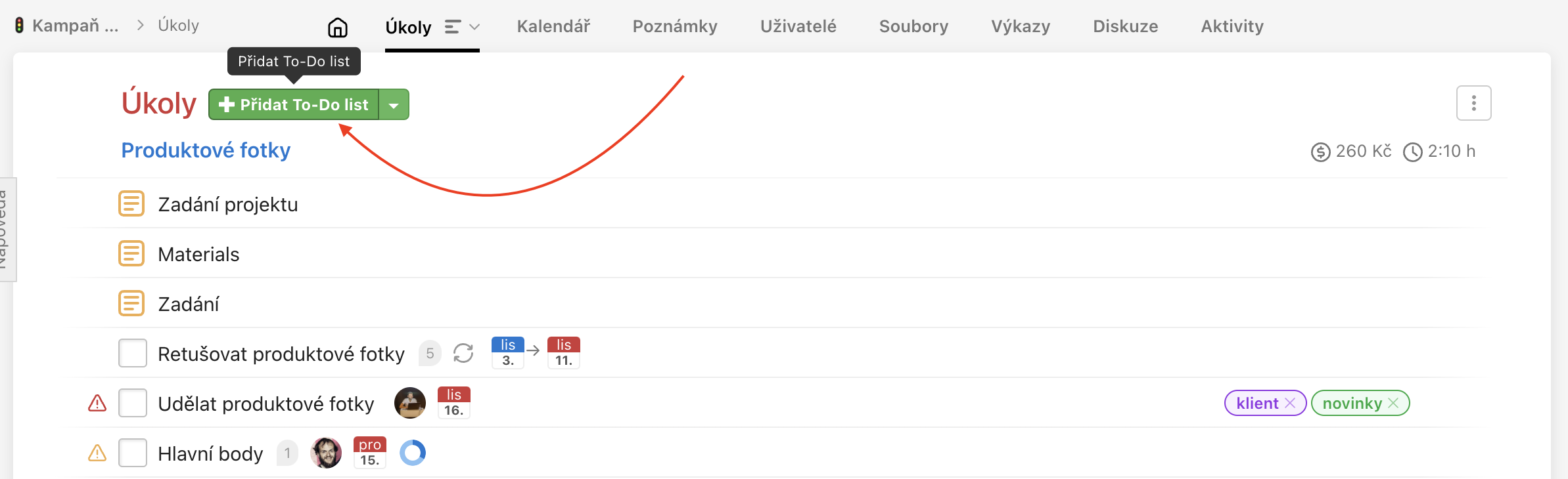 Přidej nový To-Do list přes zelené tlačítko Přidat To-Do list.