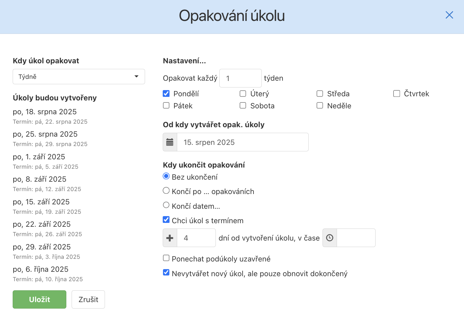 Formulář s nastavením opakovaného úkolu.
