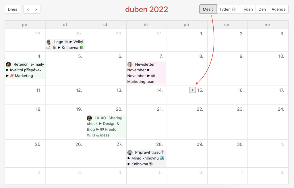 Ukázka jak přidat nový úkol v Kalendáři přes tlačítko + v měsíčním pohledu.