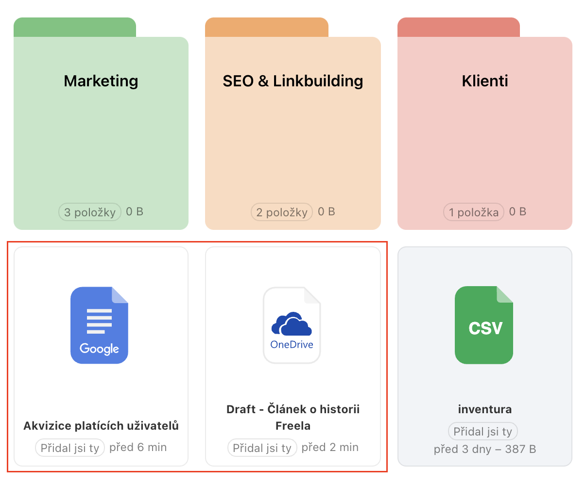 Ukázka sekce Souborů s přidanými odkazy na cloudové služby Google a OneDrive.