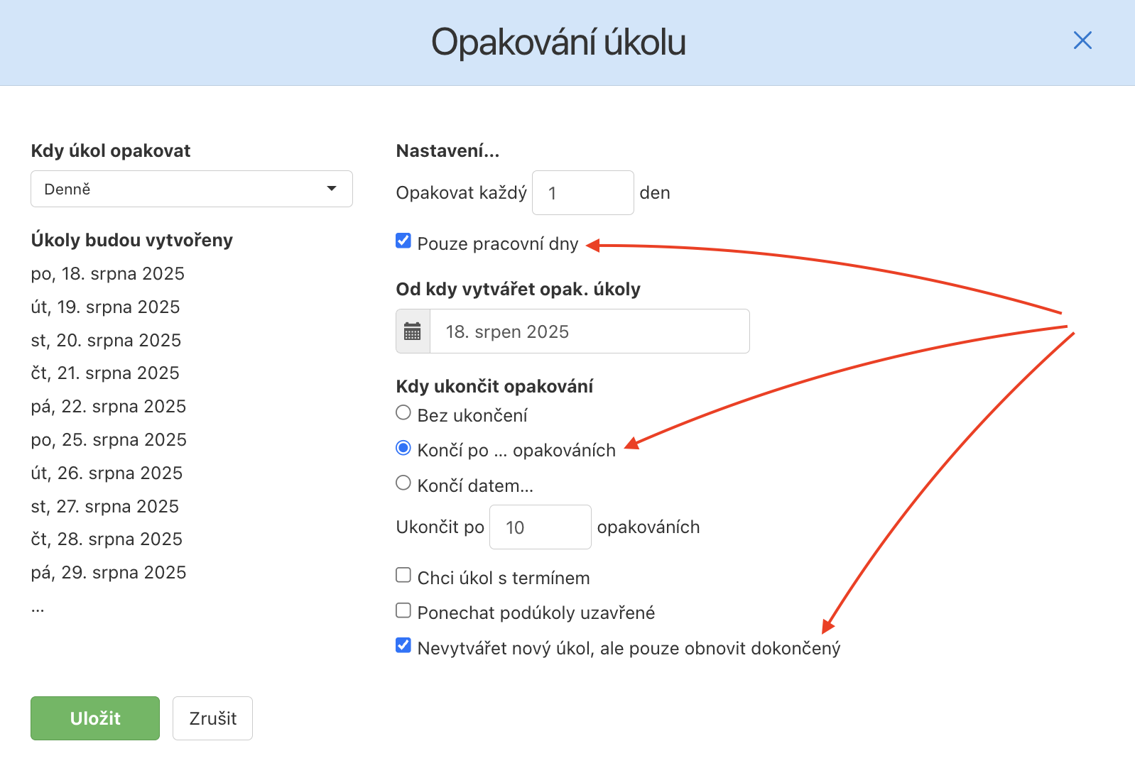 Jak nastavit opakovaný úkol na každý pracovní den.