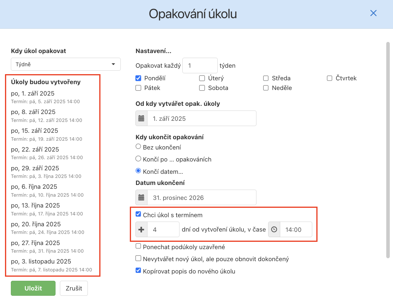 Jak nastavit opakovaný úkol s termínem.