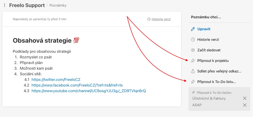 Ukázka, jak připnout poznámku k projektu nebo To-Do listu.