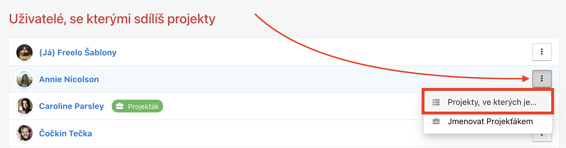 Ukázka, jak pozvat uživatele do projektu přes trojtečkové menu.