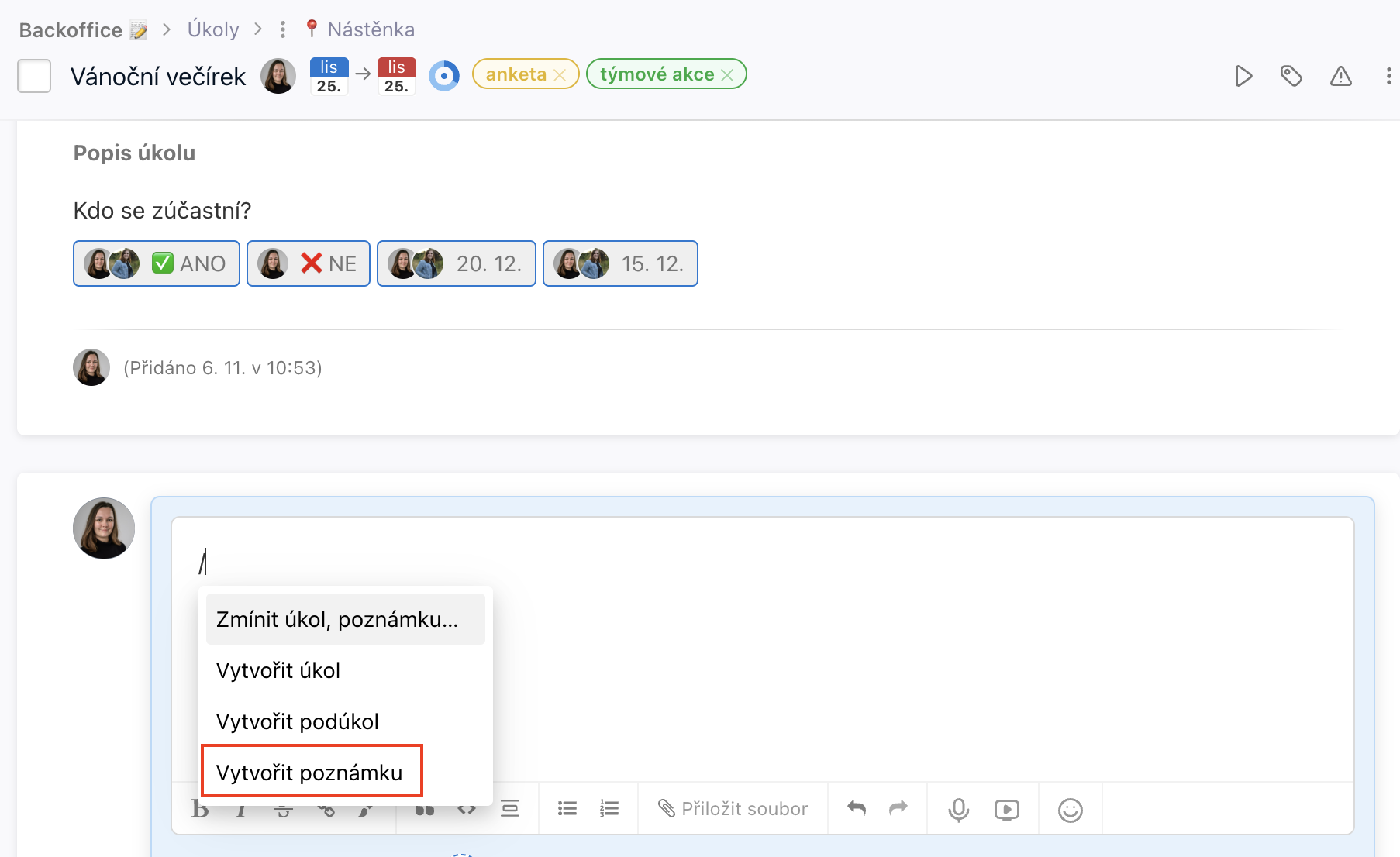 Jak rychle přidat poznámku při sepisování komentáře.