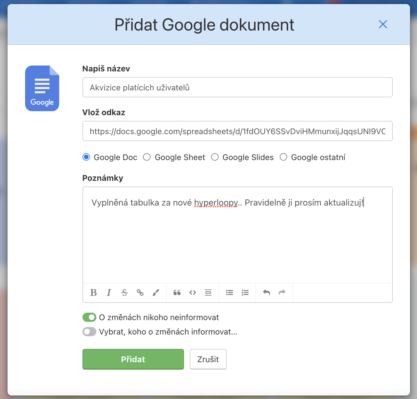 Formulář pro přidání Google dokumentu do Freela.