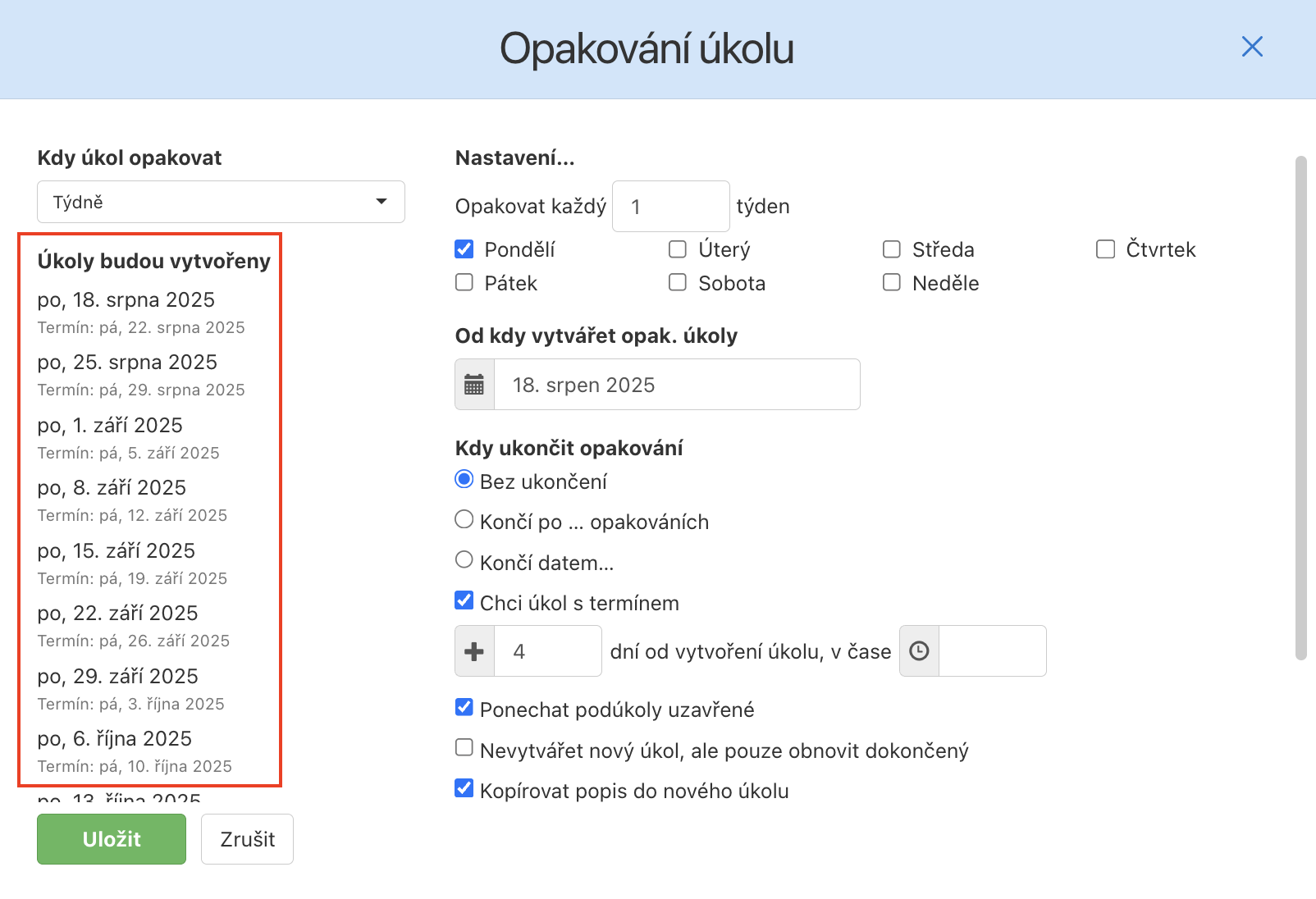 Jak nastavit týdenní opakování úkolu s termínem v pátek.
