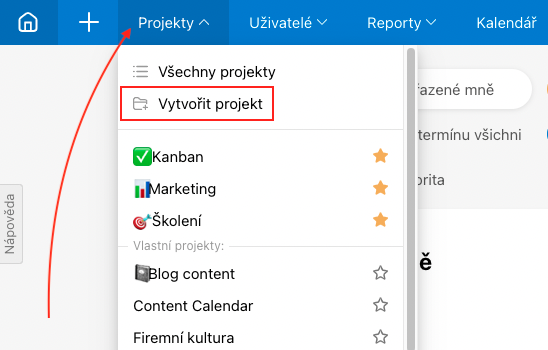 Založení projektu přes sekci Projekty.