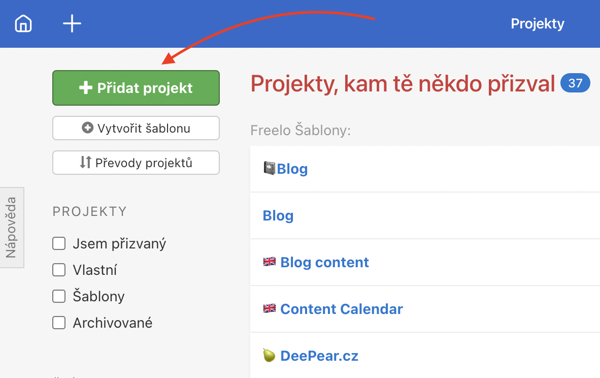 Založení nového projektu na stránce Všechny projekty.