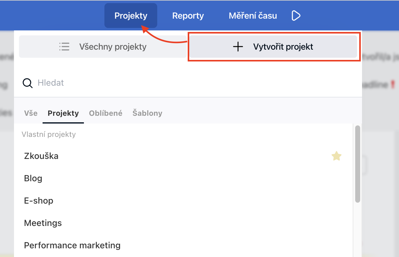 Založení projektu přes sekci Projekty.