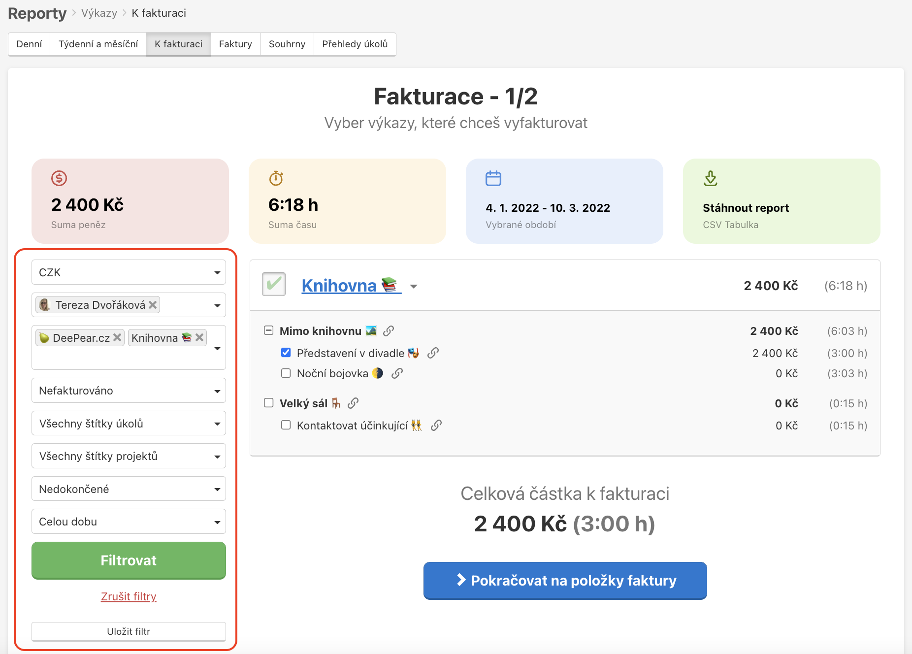 Ukázka filtrace výkazů k fakturaci.