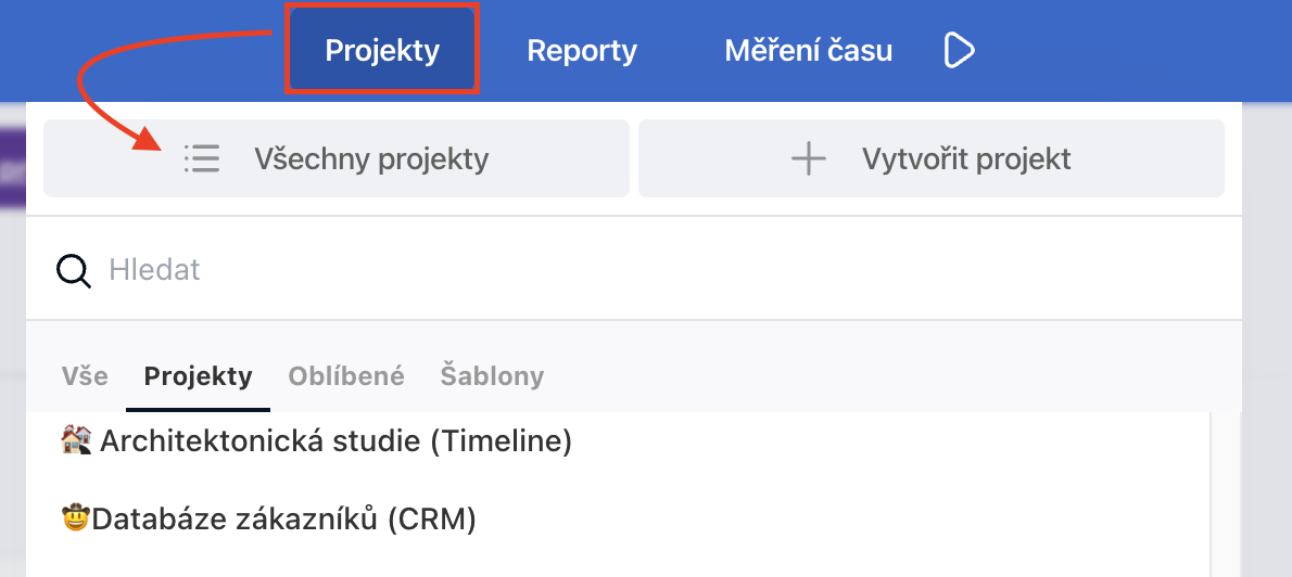  V modré horní liště klikni na Projekty > Všechny projekty.