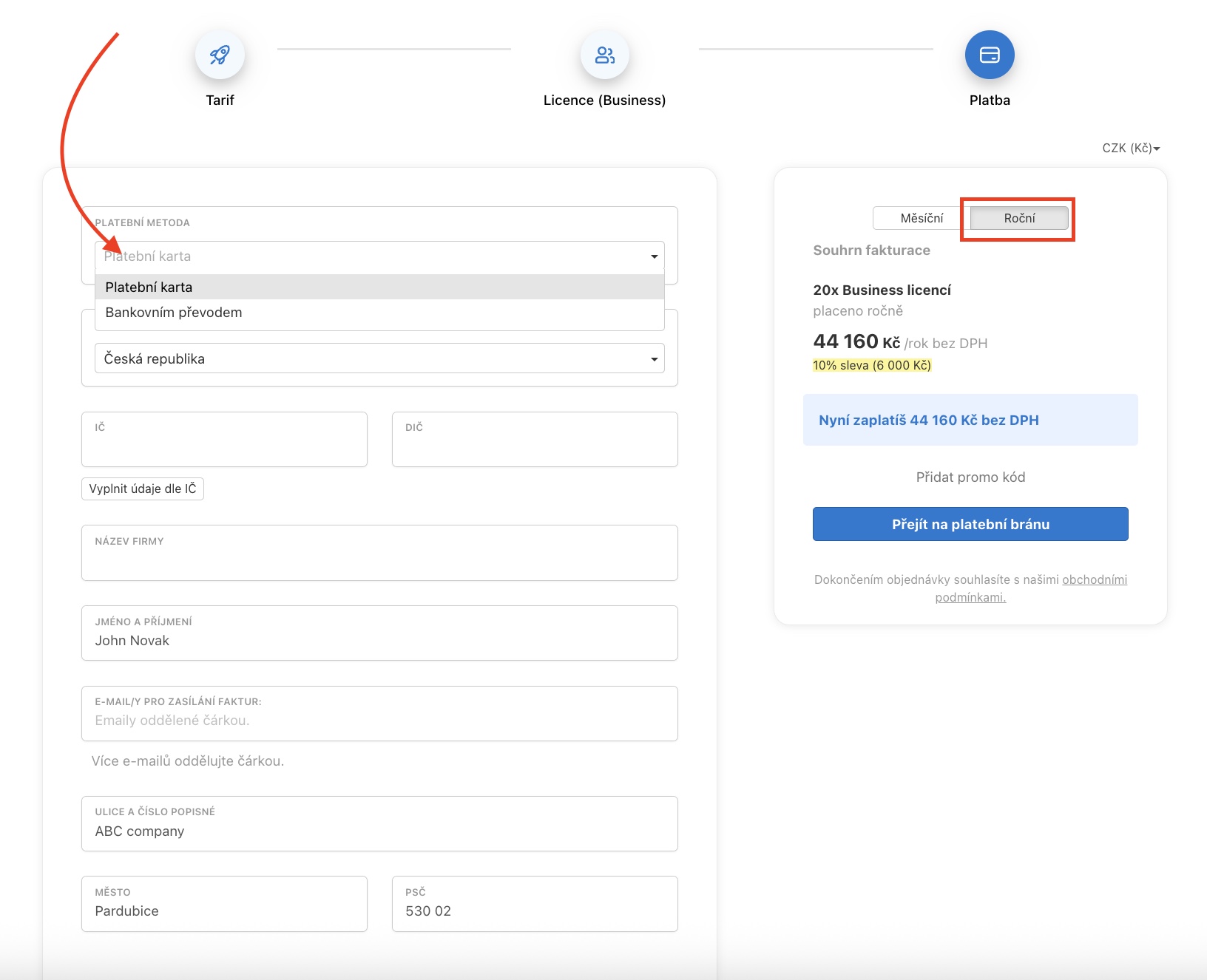 Jak na objednání placeného tarifu Freelo.