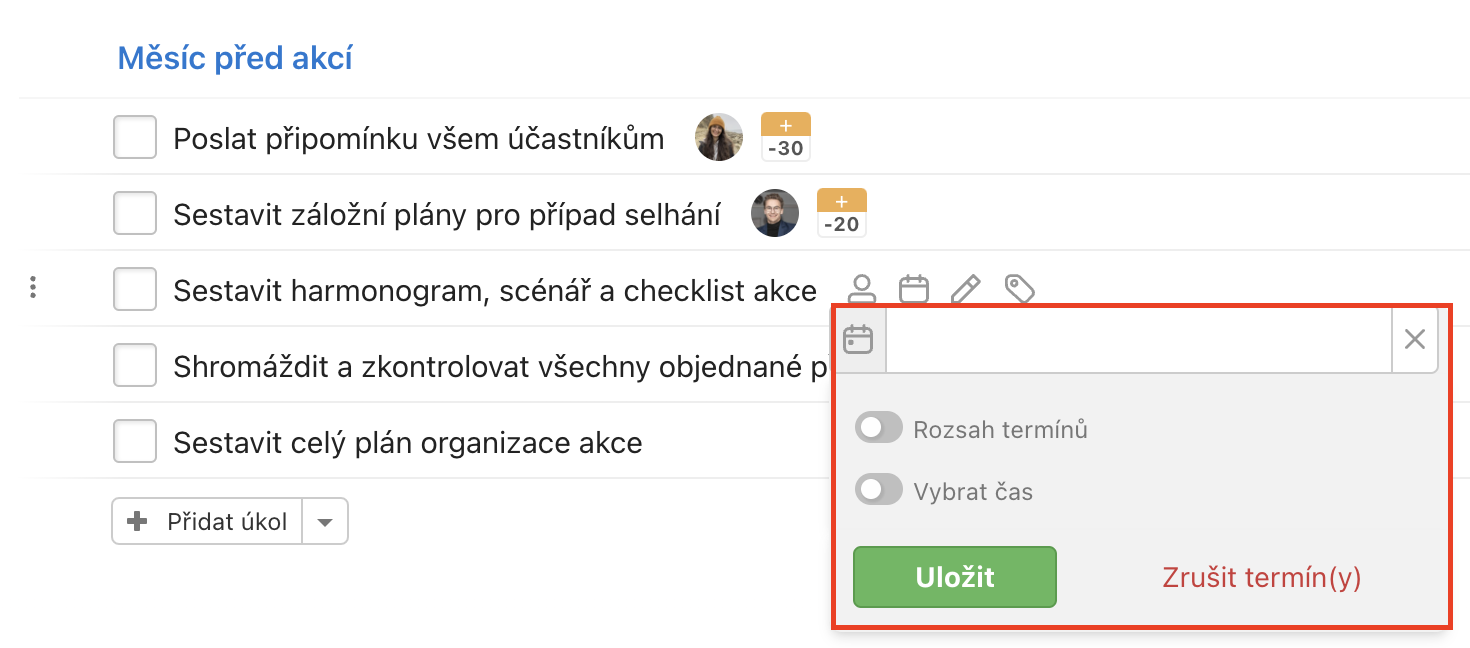 Termín lze nastavit na −/+X dní od vytvoření projektu ze šablony.