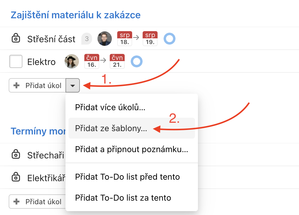 Jak přidat úkol s podúkoly ze šablony.