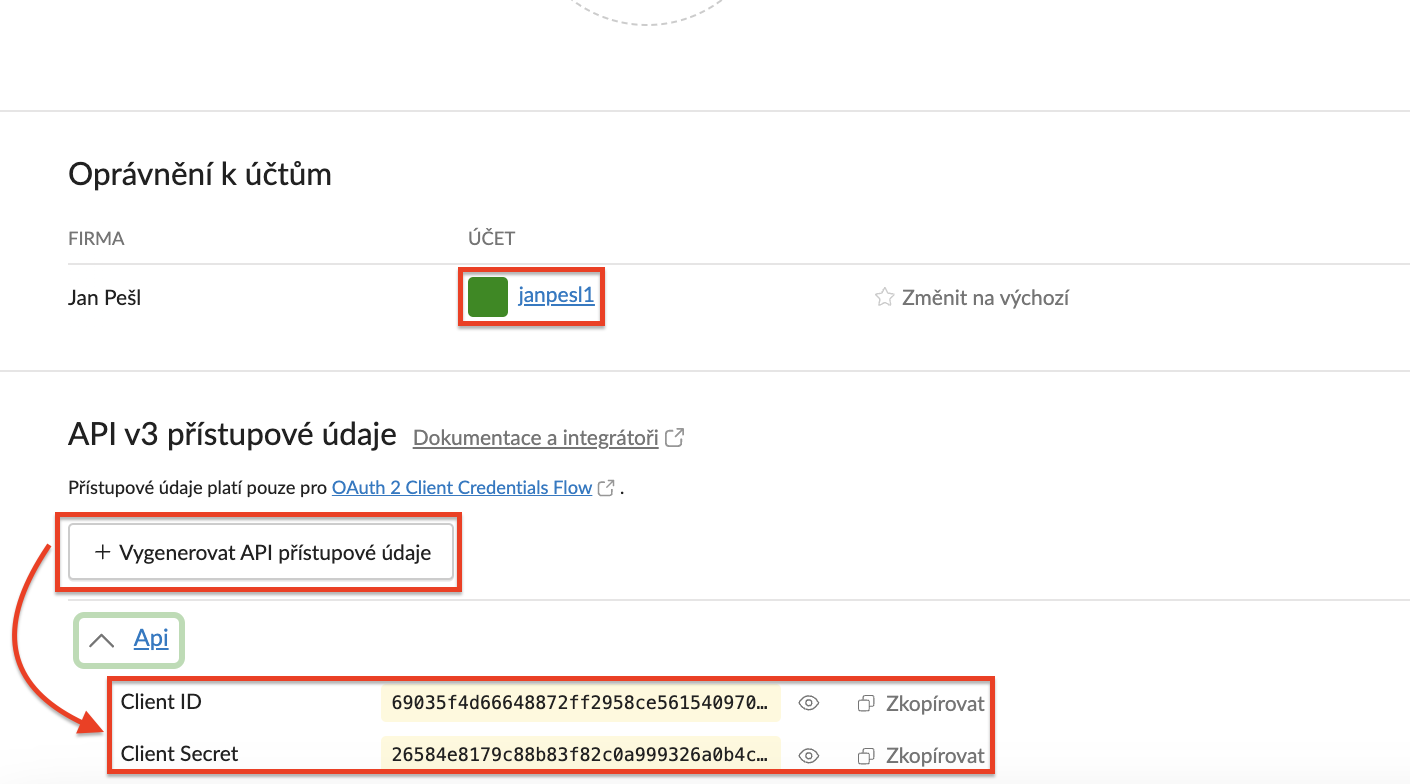 V sekci uživatelský účet ve Fakturoidu vygenerujte API přístupové údaje. 