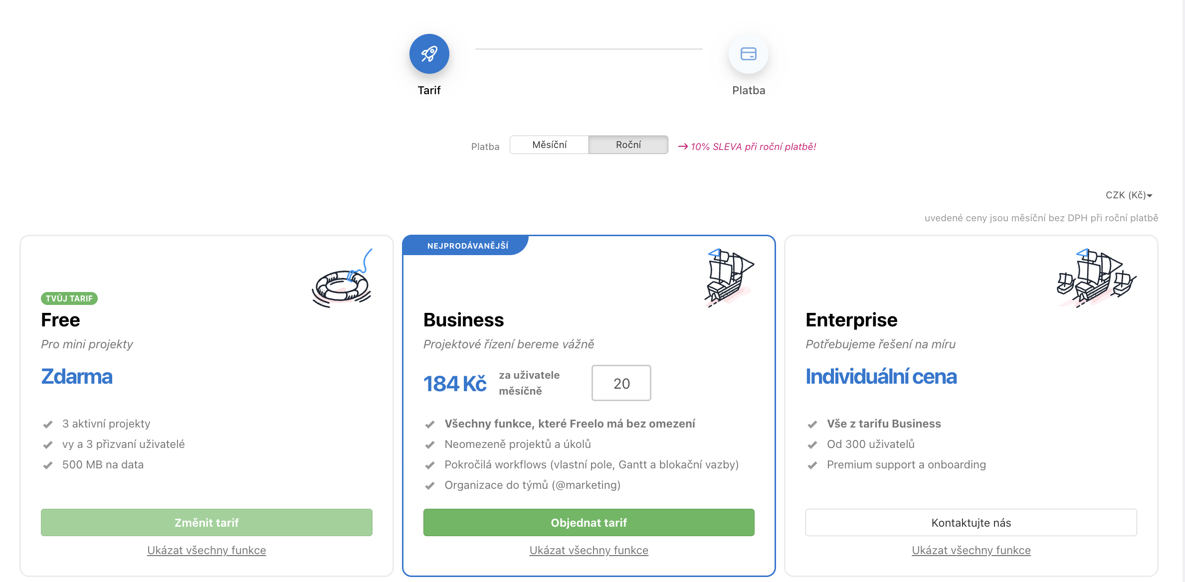 Změna počtu licencí anebo frekvence platby tarifu.