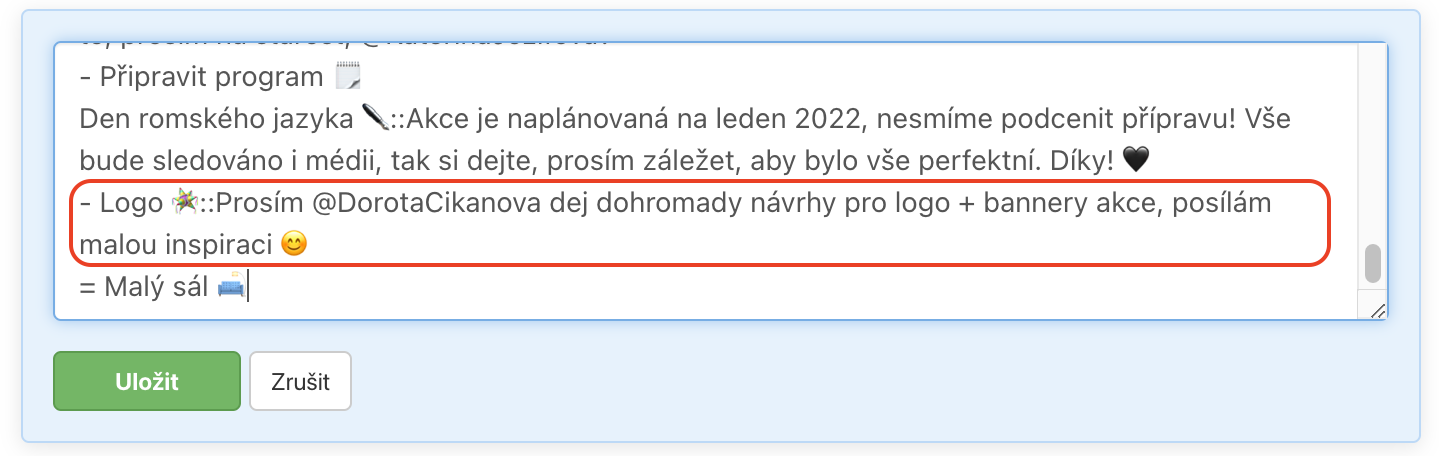 Ukázka nastavení komentáře z textové šablony.