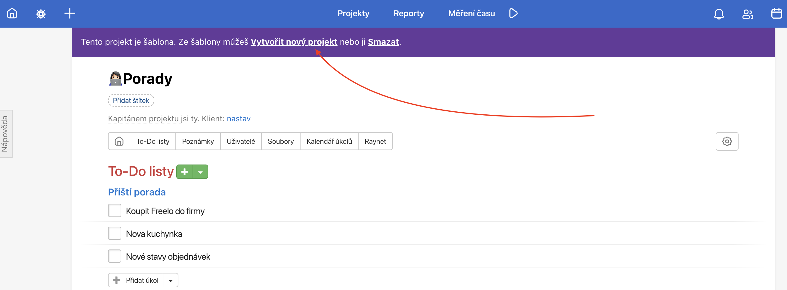 Ve fialové liště klikni na Vytvořit nový projekt.