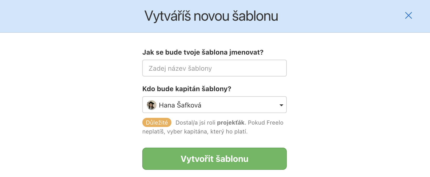 Formulář k vytvoření nové šablony projektu.