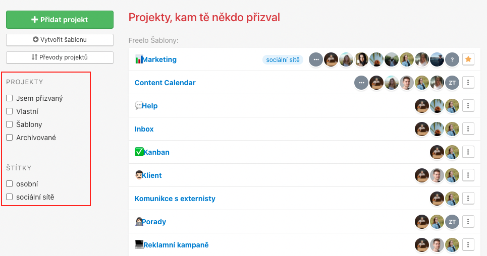 Filtrování dle typu projektu a štítků.