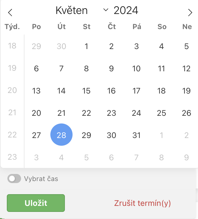 Vyber termín projektu z kalendáře.