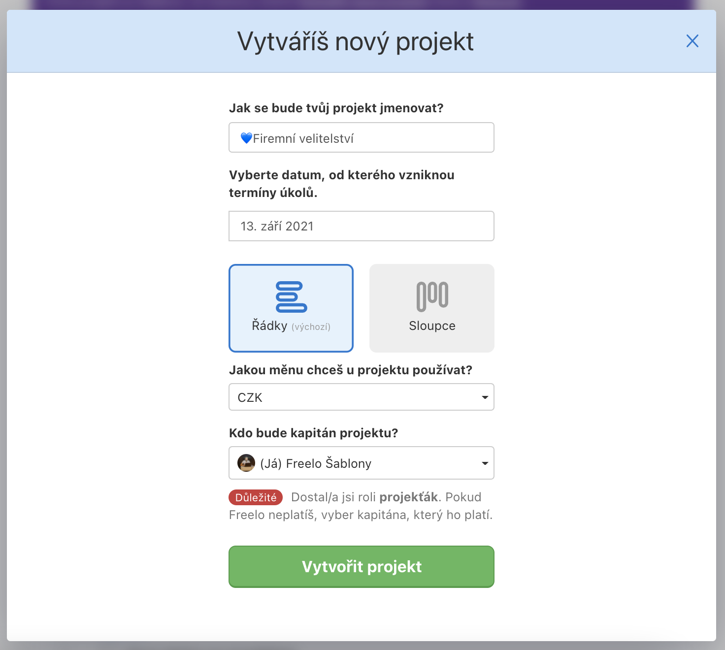 Vytvoření nového projektu ze šablony.