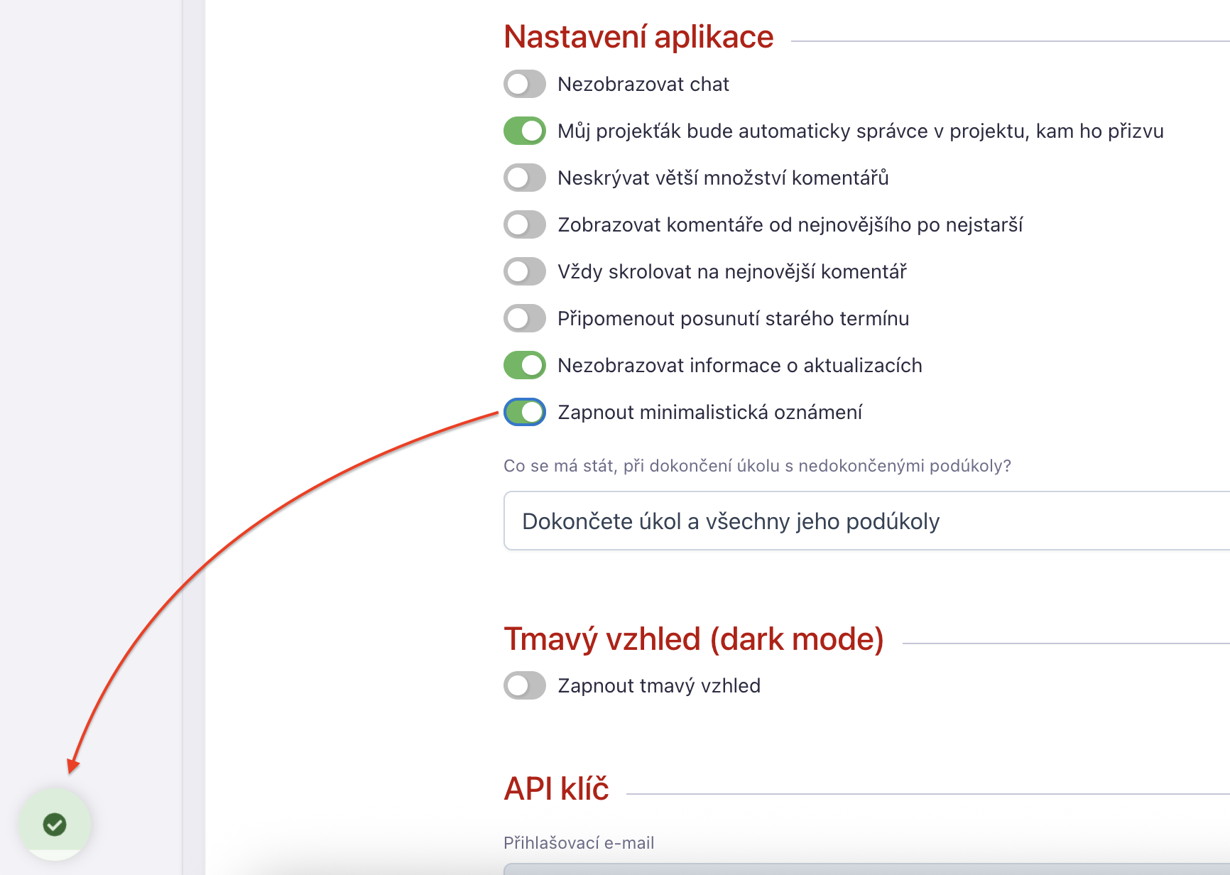 Ukázka minimalistického zobrazení upozornění na změnu nastavení.