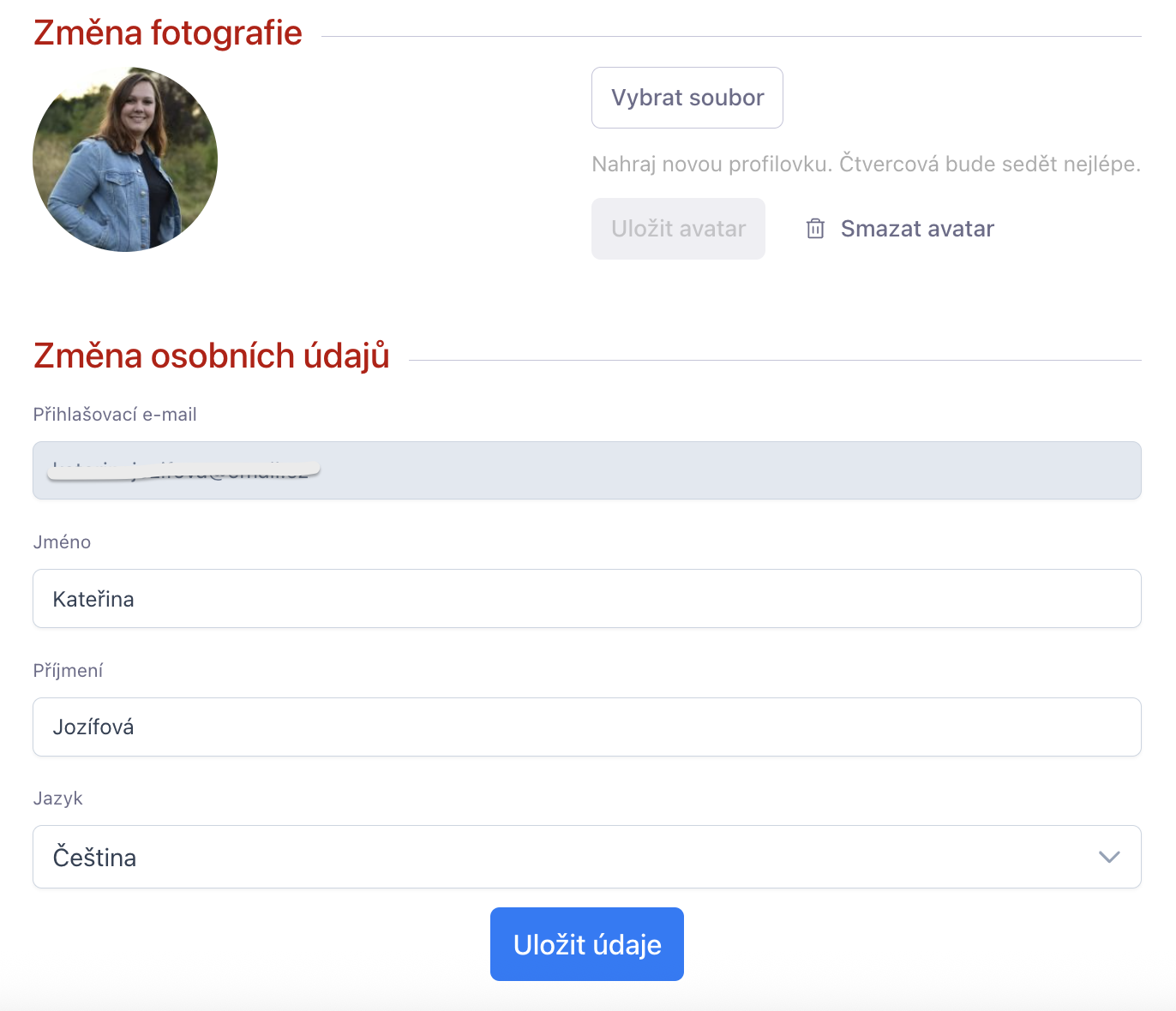 Nastavení osobních údajů ve Freelu.