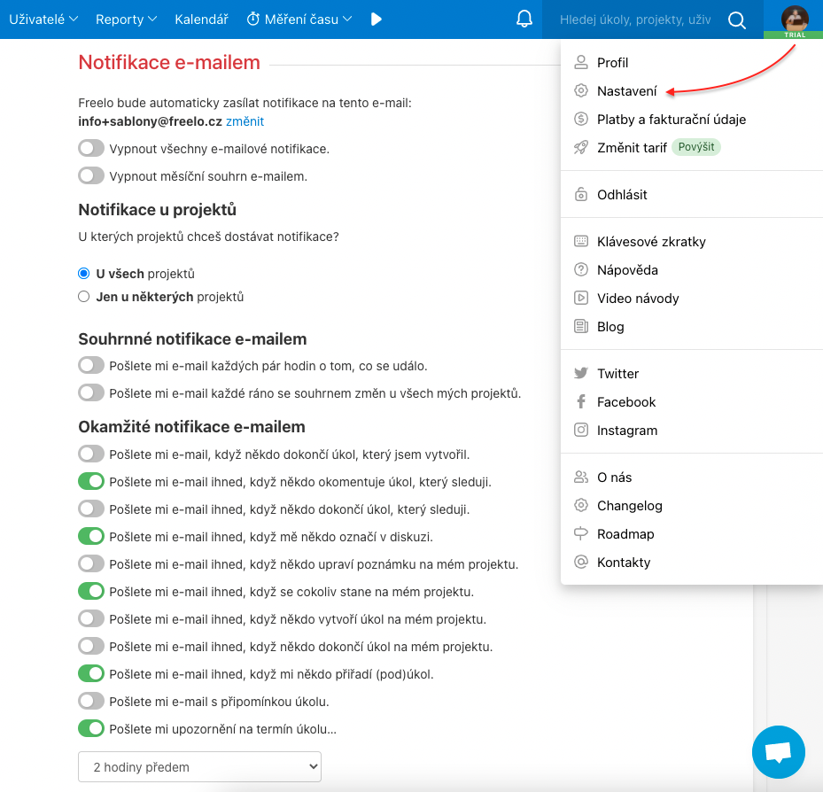Ukázka, kde nastavit notifikace e-mailem ve Freelu.
