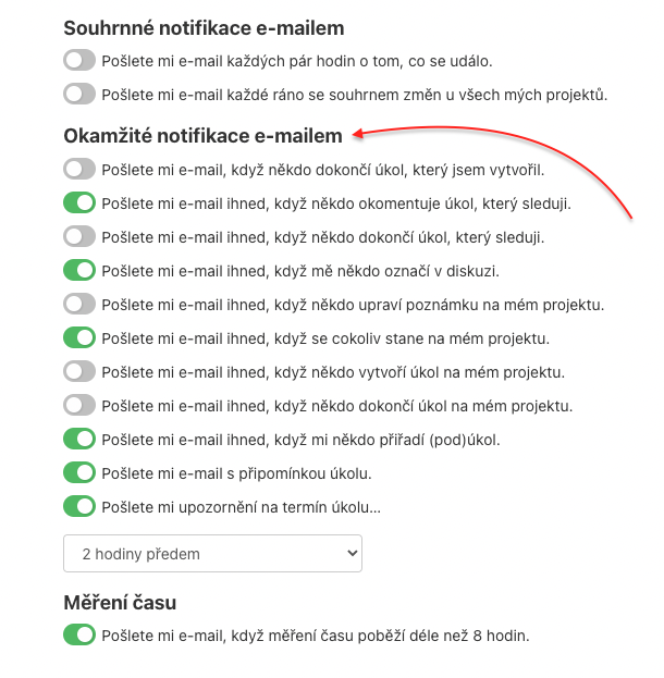 Ukázka možnosti k nastavení okamžitých e-mailových notifikací.