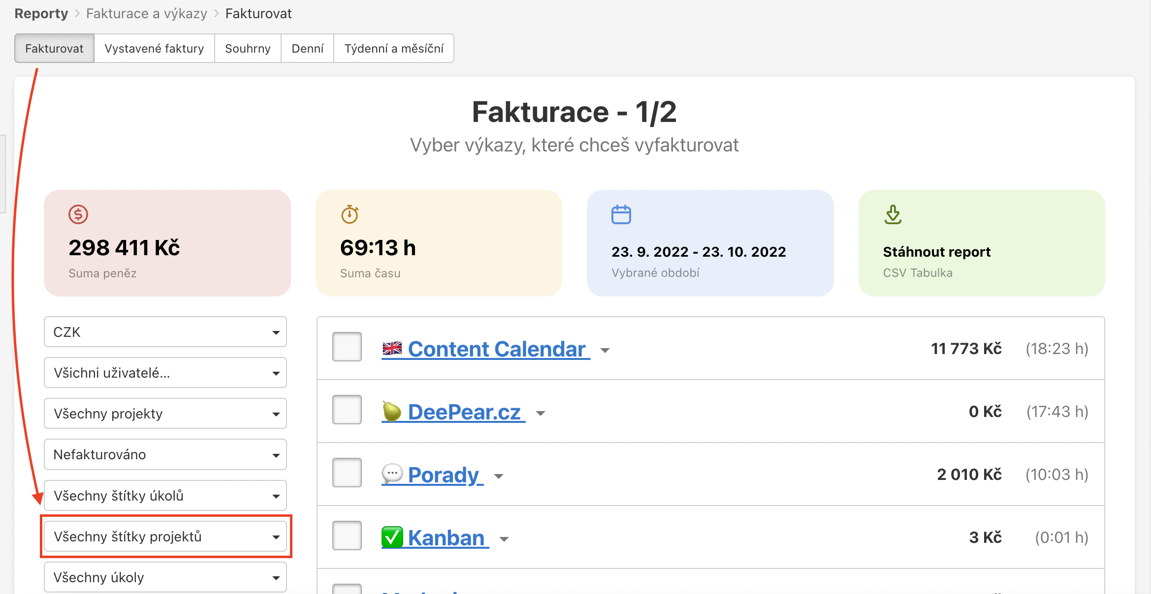 Filtrování výkazů k fakturaci podle štítku projektu.
