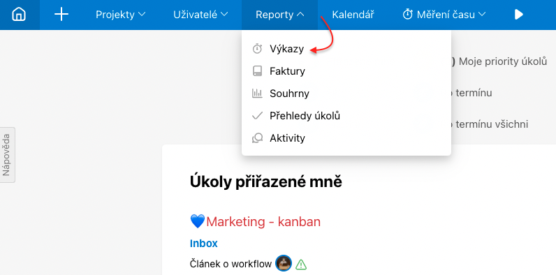 V horní liště klikni na Reporty > Výkazy.