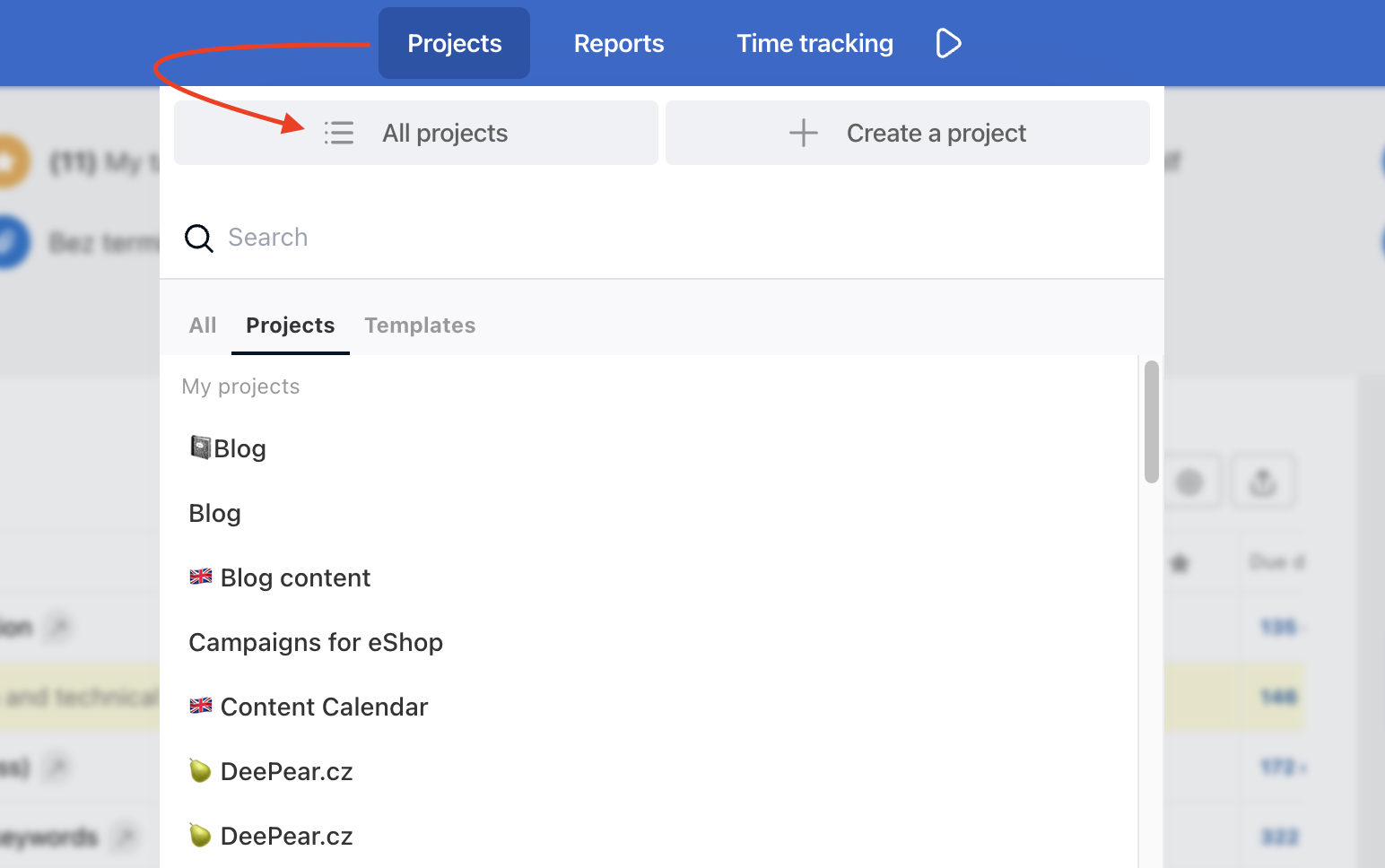 Go to the list of all projects via the blue top bar.